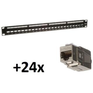 Panduit 24portos patchpanel, keystone, 1U, kábel tehermentesítővel csomag 24 db C6A árnyékolt csatlakozó betéttel