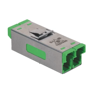 HUBER+SUHNER duplex E2000 adapter, SM APC high power 0.1 dB, zöld, bepattintós kivitel