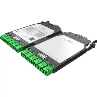 HUBER+SUHNER IANOS MTP-LC átalakító modul, dupla, Base-8, 12xLCD elöl, 3xMTP8 female hátul, SM OS2 APC